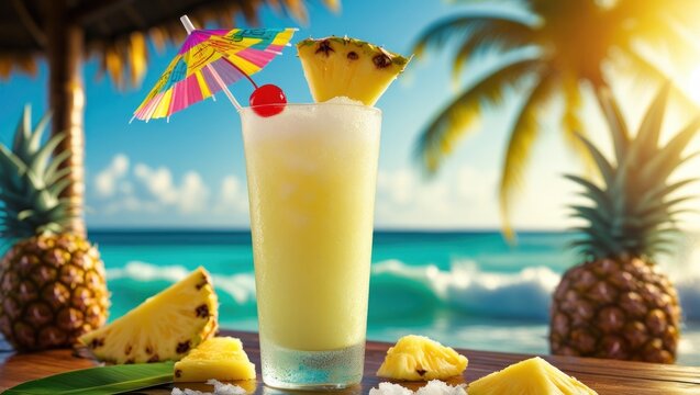 A refreshing pineapple cocktail with a colorful umbrella, presented on a beachside setting.