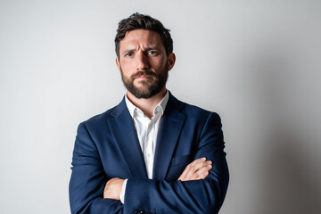 man in dark blue suit with white shirt no tie facing the camera slight turned, white background, 30 pounds over weight, arms crossed