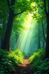 Fototapeta premium Lush green canopy in a vibrant forest, sunlight dappling through leaves, creating a tranquil and serene atmosphere Perfect for nature, environmental, and travel themes , ecology, jungle, organic