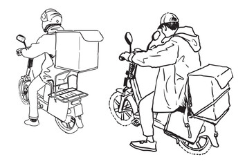 Delivery food men, pizza, fast food, two persons on motorcycle riding with big groceries boxes, hand drawn realistic vector illustration isolated on white