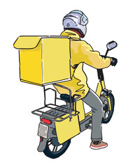 Delivery food man, pizza, fast food, one person on motorcycle riding with big groceries box, hand drawn realistic vector illustration isolated on white