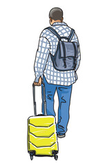 One tourist man in plaid shirt with suitcase, backpack, casual pedestrian going in trip, realistic sketch vector hand drawn illustration on white background
