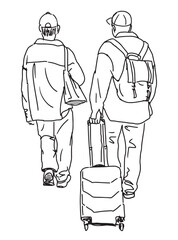 Two tourists men with suitcase, backpack, casual pedestrian going in trip, realistic sketch, vector, contour hand drawn illustration on white