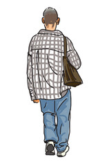 One young city man, teen boy, student in plaid shirt, casual pedestrian walking outdoors, realistic sketch vector hand drawn illustration on white background