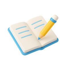 3D open book with central yellow pencil on pages, isolated on transparent PNG background, symbolizing writing, reading, and learning.
