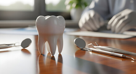 Dental Care Tools and Services With Realistic Tooth Model on Wooden Table in Modern Dentist Office for Patient Examination and Treatment