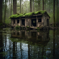 An abandoned and dilapidated wooden shack in a swamp.