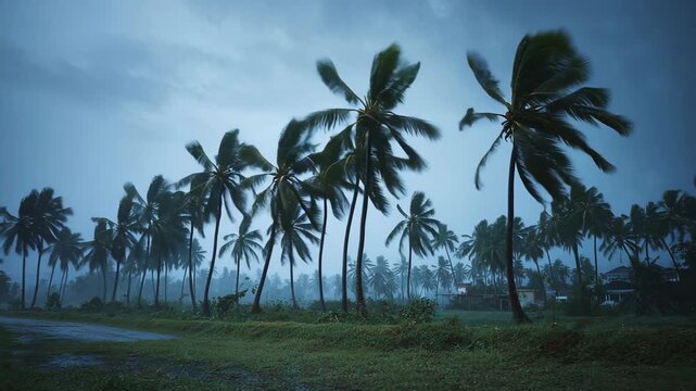 Stormy weather buffets palm trees. A line of trees bends in a wind, under a dark sky. Signs of an intense weather system moving in.