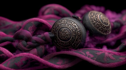 Obraz premium A close-up of intricately designed metallic elements entwined with rich purple fabric, showcasing cultural artistry and craftsmanship.