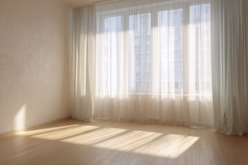 Obraz premium Bright airy room with large windows and sheer curtains, sunlight streaming in, real estate marketing, home decor, lifestyle blogs