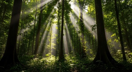 Obraz premium Sunbeams piercing through the dense green forest canopy creating an ethereal atmosphere