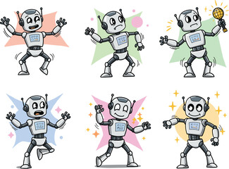 Cute cartoon robot dancing with different expressions, happy and sad emotions, playful android character, futuristic technology illustration, animated robot moves.