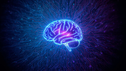 Futuristic Neon Glowing Brain &ndash; Artificial Intelligence, Neural Networks and Digital Technology Concept