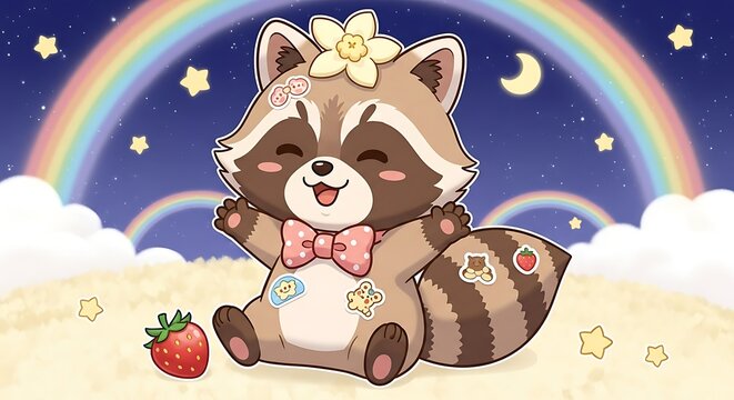 Cute Raccoon with Rainbow and Stars.