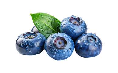 Closeup of Fresh Blueberries with Water Droplets and a Green Leaf