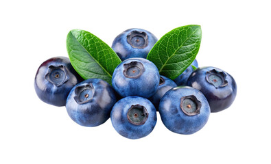 A closeup view of fresh, vibrant blueberries with leaves on white background
