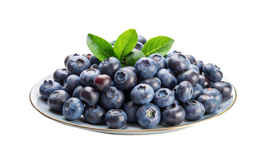 Fresh and juicy blueberries arranged on a plate with a few green leaves
