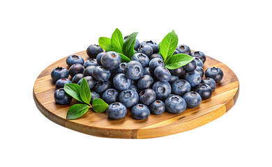 A luscious pile of blueberries with fresh green leaves on wooden platter