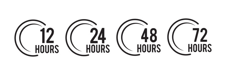 Large Arrowed Timeline Clocks. black horizontal set of four open clocks.  four clocks with arrowed progress. 12, 24, 48 and 72 hours icon. Symbol work time, delivery and service time vector . 