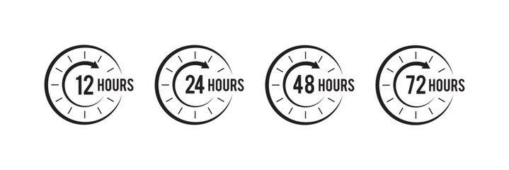 Large Arrowed Timeline Clocks. black horizontal set of four open clocks.  four clocks with arrowed progress. 12, 24, 48 and 72 hours icon. Symbol work time, delivery and service time vector . 