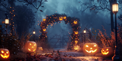 Obraz premium Spooky glowing jack-o'-lanterns illuminate a misty haunted garden path on Halloween night.