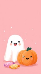 Fototapeta premium Cute ghost character with a joyful expression stands beside a smiling pumpkin and colorful candies on a soft pink background, creating a whimsical Halloween atmosphere