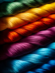 Vibrant strands of colorful yarn stacked in layers, perfect for crafting and textile projects.