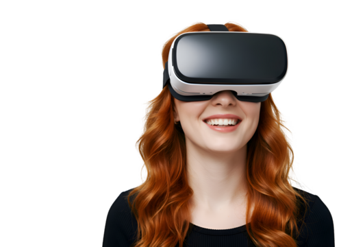 Immersive VR Experience: Woman Using Virtual Reality Headset on white background