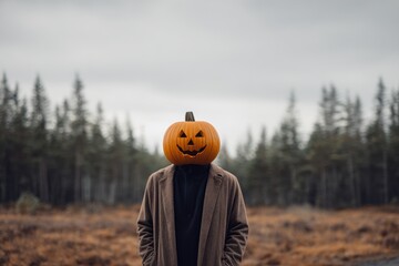 Individual wearing a carved pumpkin as a head stands in a forest clearing, surrounded by autumn foliage, creating a whimsical Halloween atmosphere with nature's beauty