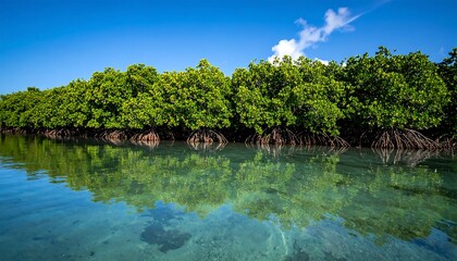 Lush mangrove forest reflecting in clear water