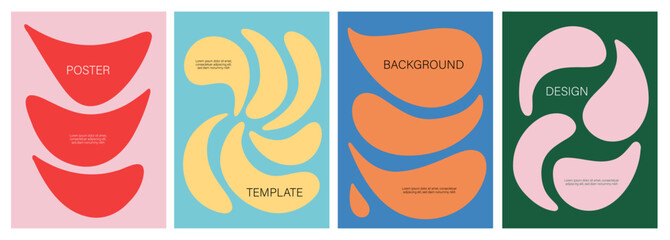 Modern Abstract Shapes Poster Design Background. Summer Vector Set Cover Template Pink, Yellow, Blue, Orange Red and Green Art for Covers, Flyers, Brochures, Social Media and Banners. 