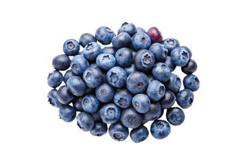 Pile of fresh blueberries isolated on a white background, close up shot