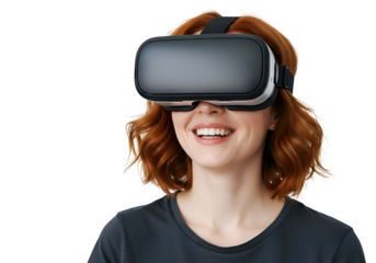Immersive VR Experience: Woman Using Virtual Reality Headset on white background