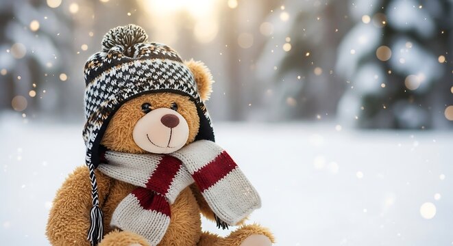 Cute teddy bear wearing hat and scarf in snowy winter landscape.