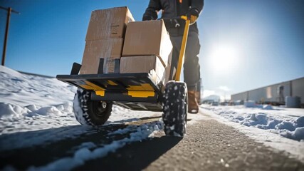 Winter Delivery: A worker pushes a cart of boxes across a snowy landscape. Snowy mountains & a bright sun. Cold weather, heavy lifting, and logistics. - Powered by Adobe