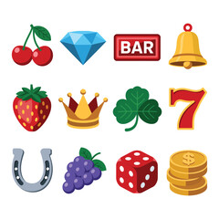 Set of twelve colorful slot machine icons including cherries, diamond, BAR, bell, crown, clover, seven, dice, coins, and more