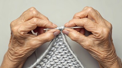 Elderly hands skillfully knitting a textured piece of fabric, showcasing the art of craftsmanship and the beauty of handmade creations.