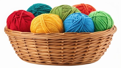 A woven basket filled with colorful yarn balls in various hues, perfect for crafting and knitting projects.