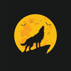 Lone wolf howling sunset silhouette wild nature t-shirt design.