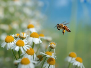 Obraz premium Busy bee flying towards a cluster of delicate white and yellow chamomile flowers in bloom