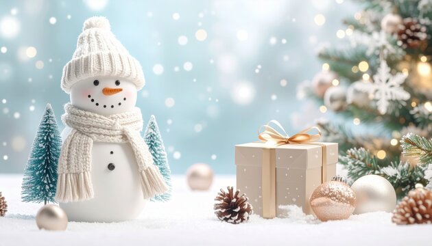 festive winter scene featuring a snowman, gift box, and Christmas tree, all beautifully decorated amid falling snow