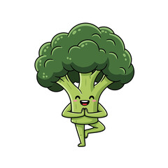 Adorable cartoon broccoli character smiling while practicing a yoga tree pose. Healthy eating and wellness concept illustration on a white background