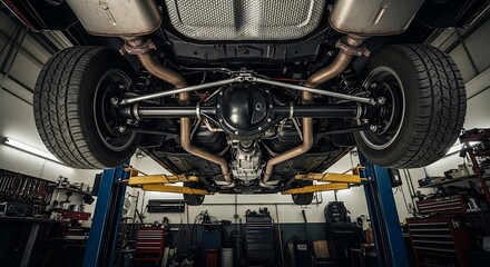 Classic car undercarriage on a lift in a garage.
