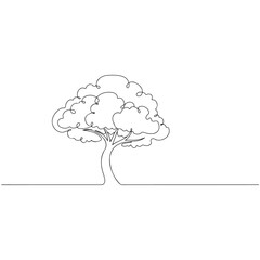 A solitary, single line depicts a beautiful tree standing on a flat ground