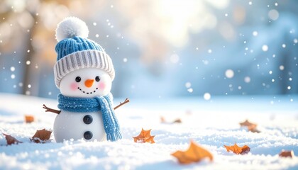 A cute snowman wearing a blue hat and scarf, surrounded by falling snow and a bright winter background. It's a perfect winter day!