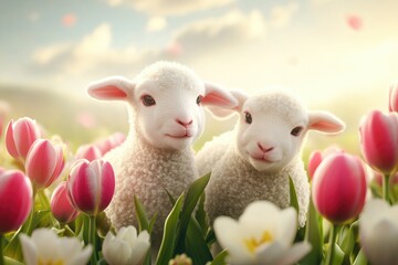 Easter celebration with colourful decorations festive ornate ornaments and glossy seasonal invitations in a vibrant flower field environment