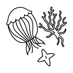 Simple line art illustration of a jellyfish coral and starfish