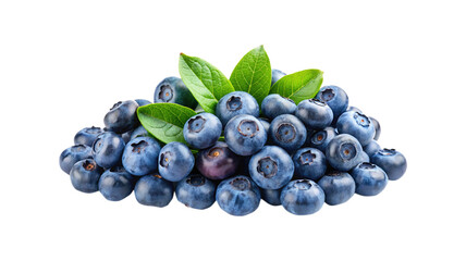 A large pile of blueberries with leaves against a white background
