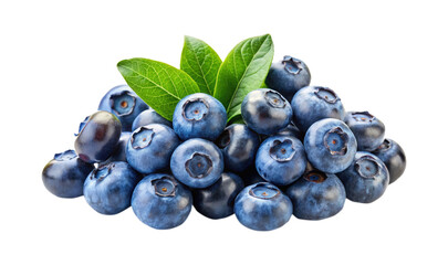 A pile of fresh organic blueberries with green leaves on a white background