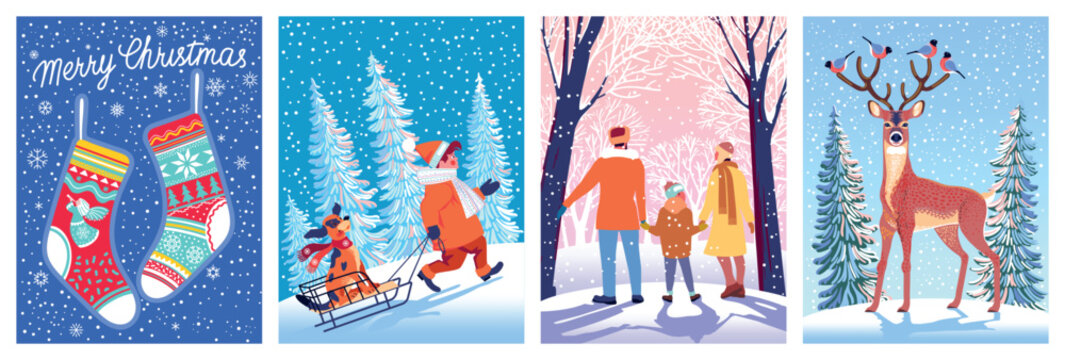 Winter holiday, Merry Christmas and Happy New Year greeting card. Set of cute posters with kids, deer, boy with dog and sled, christmas socks and snowflakes. Handmade drawing vector illustration.
